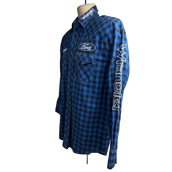 Wrangler Ford Mens Blue Plaid Western Pearl Snap Shirt Medium Flap Pockets - Picture 3 of 8